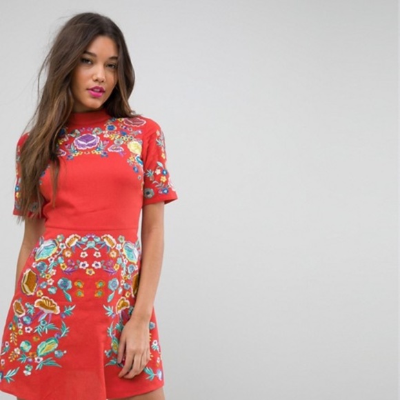 Red Mini High Neck Embroidered Dress (TALL) - Picture 1 of 2
